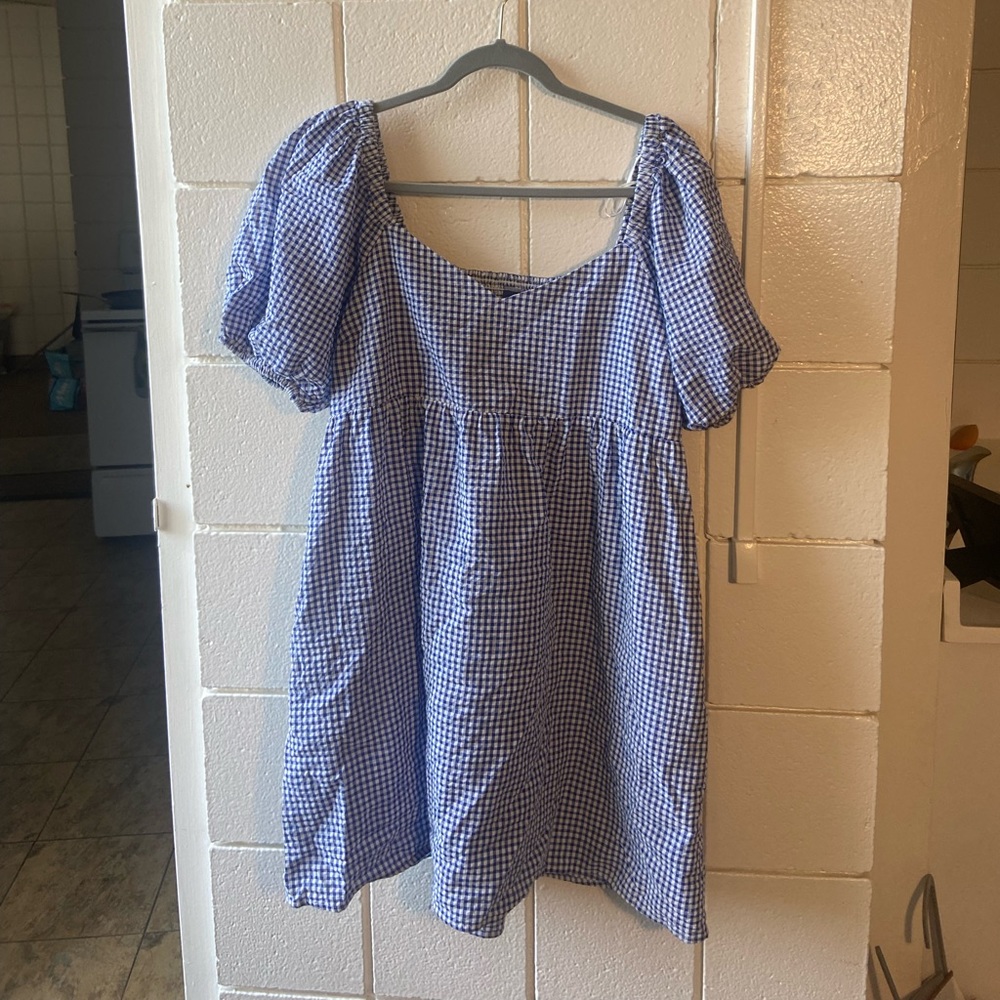 Blue Check Dress with Puff Sleeves and Pockets from Old Navy